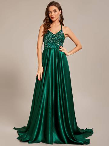 Sleeveless Fit V-Neck A-Line Backless Satin Shiny Custom Evening Dress Evening Dress Luxurious Weddings