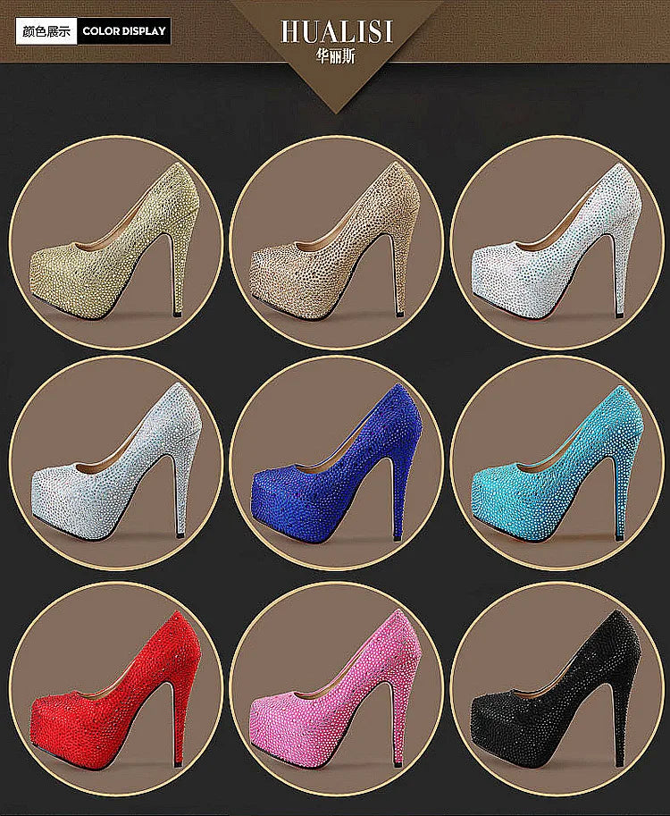 a set of nine high heeled shoes in different colors