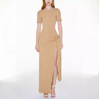 Open back strap slim fit sexy slit solid color street dress Luxurious Weddings