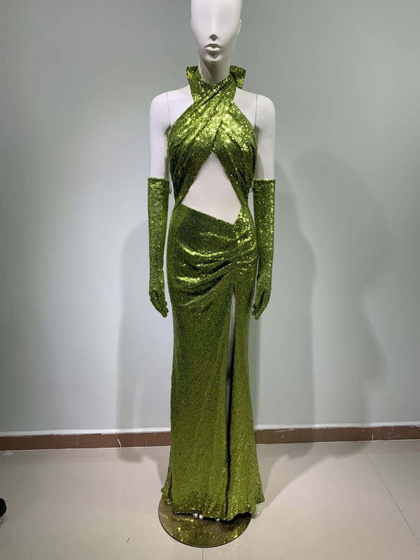 Elegant backless halterneck sexy sequined green bodycon Bodycon dress Luxurious Weddings
