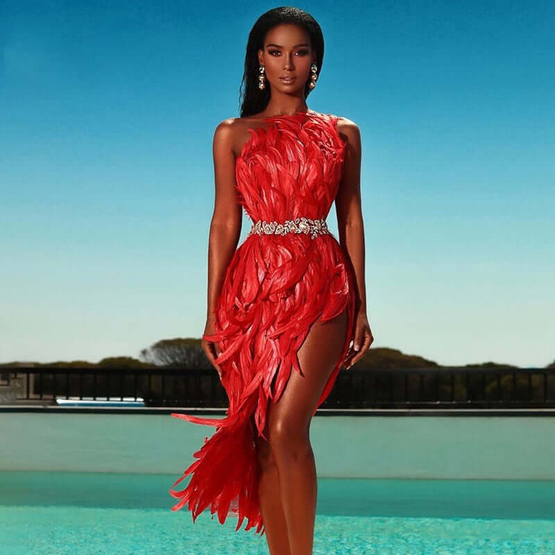 Stylish High Waist Feather Design Red Sequins Dress Feather Dress Luxurious Weddings
