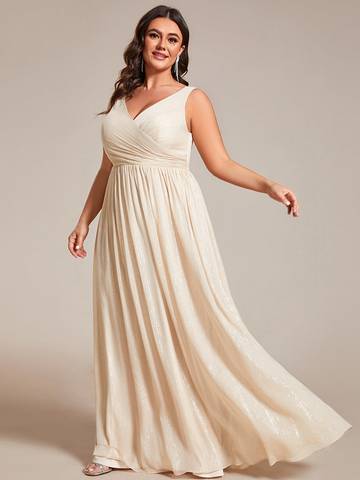 Plus Glittery Floor Length V-Neck Sleeveless Evening Dress Evening Dress Luxurious Weddings