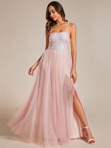 Sequin Tulle Spaghetti Strap High Split Dress Evening Dress Luxurious Weddings