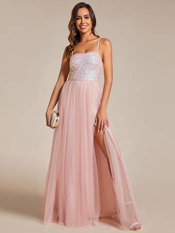 Sequin Tulle Spaghetti Strap High Split Dress Evening Dress Luxurious Weddings