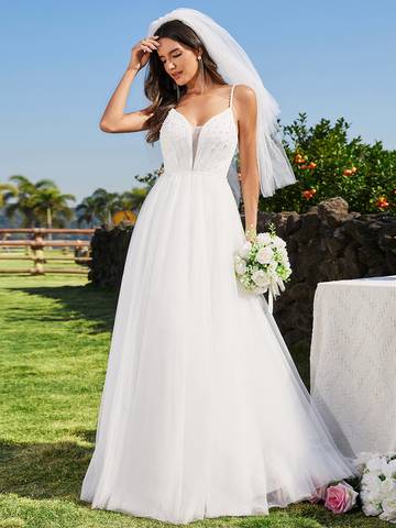 Spaghetti Straps Sleeveless Tulle Pearl Beaded Wedding Dress Wedding Dress Luxurious Weddings