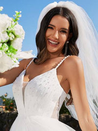 Spaghetti Straps Sleeveless Tulle Pearl Beaded Wedding Dress Wedding Dress Luxurious Weddings