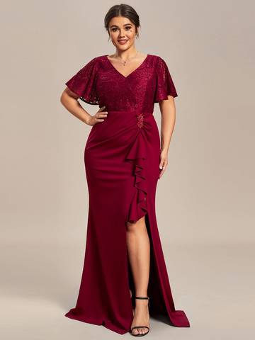 Plus Split Lotus Leaf Lace Evening Dresses Mother of Bridesmaids Luxurious Weddings