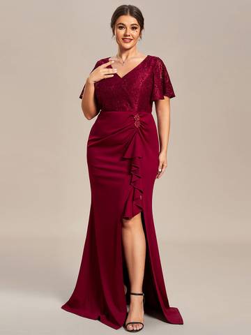 Plus Split Lotus Leaf Lace Evening Dresses Mother of Bridesmaids Luxurious Weddings