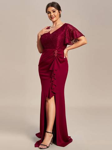 Plus Split Lotus Leaf Lace Evening Dresses Mother of Bridesmaids Luxurious Weddings