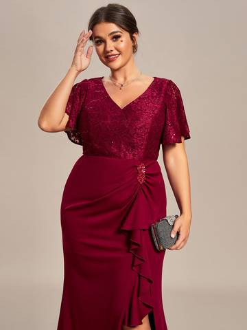 Plus Split Lotus Leaf Lace Evening Dresses Mother of Bridesmaids Luxurious Weddings