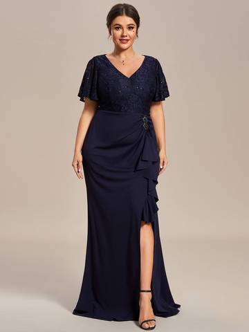 Plus Split Lotus Leaf Lace Evening Dresses Mother of Bridesmaids Luxurious Weddings