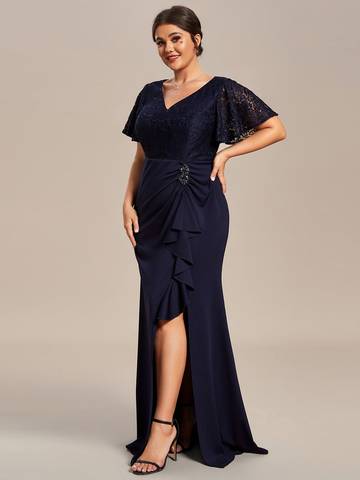 Plus Split Lotus Leaf Lace Evening Dresses Mother of Bridesmaids Luxurious Weddings