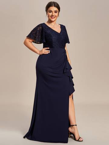 Plus Split Lotus Leaf Lace Evening Dresses Mother of Bridesmaids Luxurious Weddings