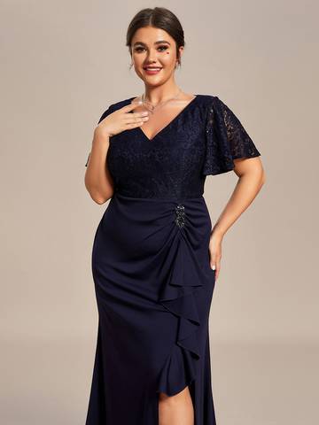 Plus Split Lotus Leaf Lace Evening Dresses Mother of Bridesmaids Luxurious Weddings