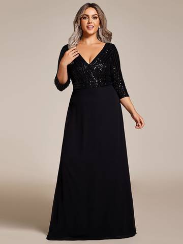 Sexy V Neck A-Line Plus Size Sequin Evening Dress with Sleeve Plus Size Luxurious Weddings