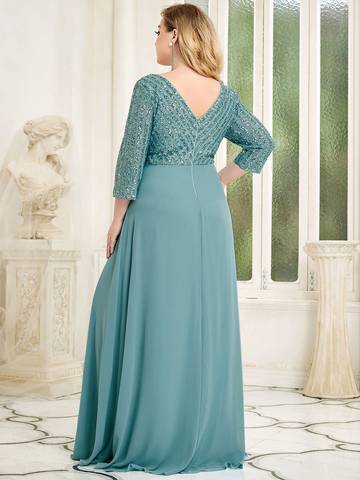 Sexy V Neck A-Line Plus Size Sequin Evening Dress with Sleeve Plus Size Luxurious Weddings