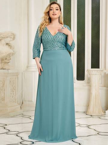 Sexy V Neck A-Line Plus Size Sequin Evening Dress with Sleeve Plus Size Luxurious Weddings