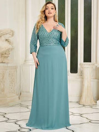 Sexy V Neck A-Line Plus Size Sequin Evening Dress with Sleeve Plus Size Luxurious Weddings