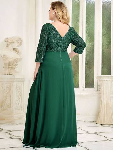 Sexy V Neck A-Line Plus Size Sequin Evening Dress with Sleeve Plus Size Luxurious Weddings
