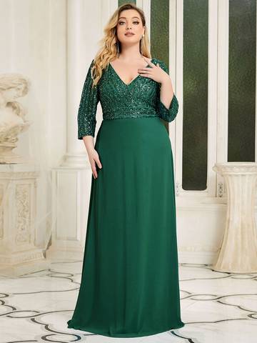Sexy V Neck A-Line Plus Size Sequin Evening Dress with Sleeve Plus Size Luxurious Weddings