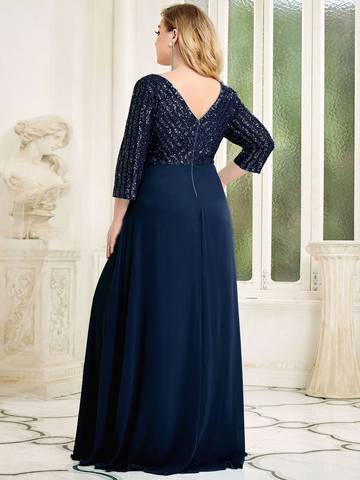 Sexy V Neck A-Line Plus Size Sequin Evening Dress with Sleeve Plus Size Luxurious Weddings