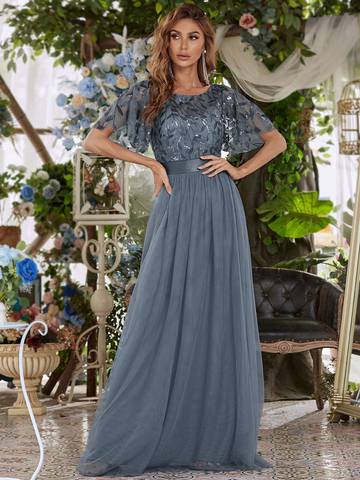 Sequin Print Floor-length Evening Dresses with Cap Sleeve Bridesmaid Dresses Luxurious Weddings