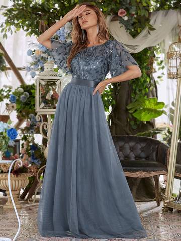 Sequin Print Floor-length Evening Dresses with Cap Sleeve Bridesmaid Dresses Luxurious Weddings