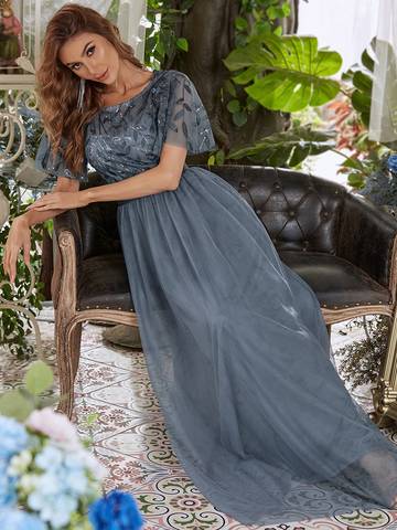 Sequin Print Floor-length Evening Dresses with Cap Sleeve Bridesmaid Dresses Luxurious Weddings