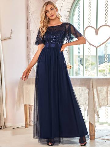 Sequin Print Floor-length Evening Dresses with Cap Sleeve Bridesmaid Dresses Luxurious Weddings