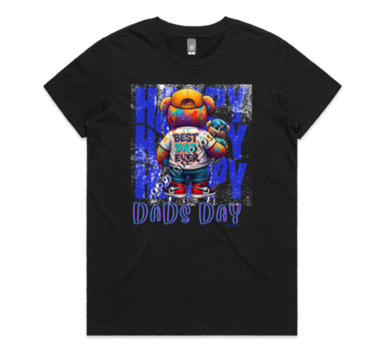 Black t-shirt with a colorful graphic of a bear and text on a white background