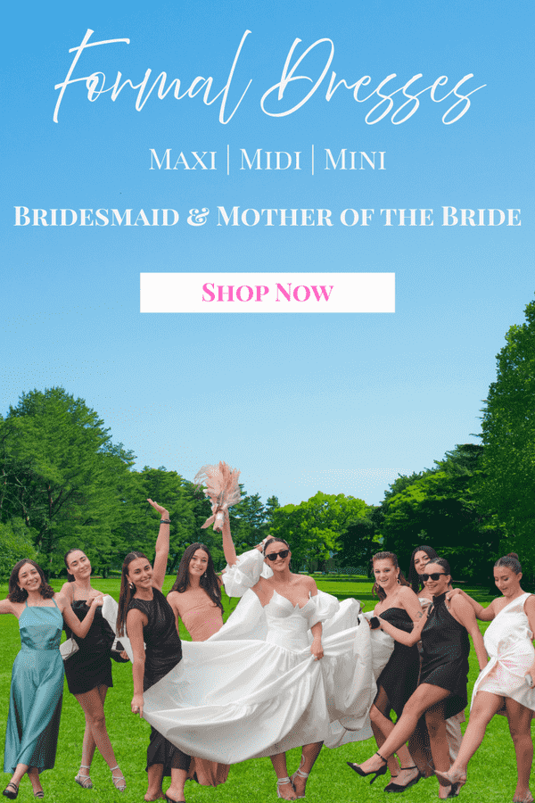 Promotional image for formal dresses with a bride and bridesmaids in a park.