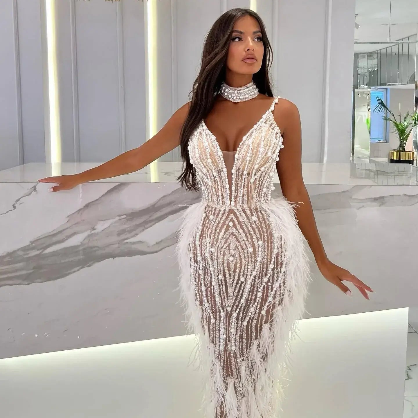 Luxury Feather White Nude Mermaid Evening Dress Wedding dress Luxurious Weddings