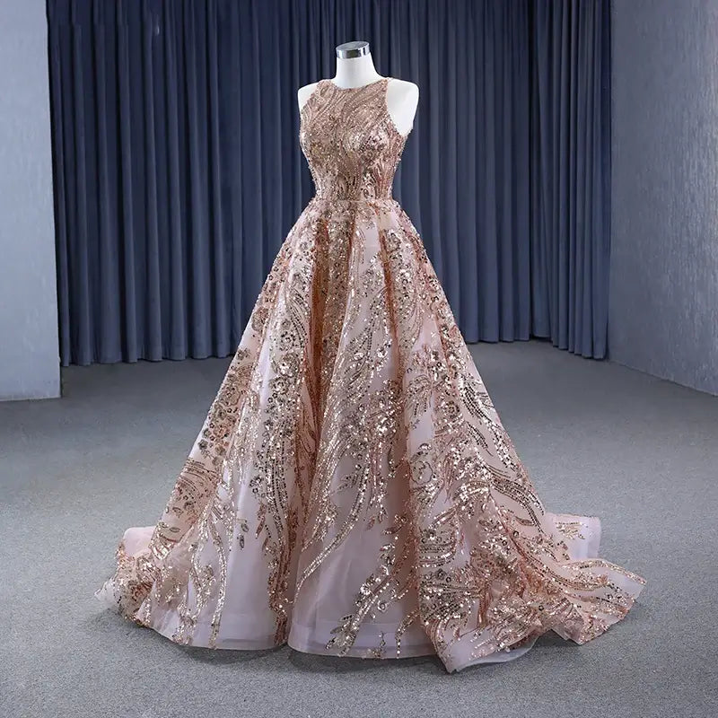 Classic O-neck Sleeveless Elegant Sequins Evening Gown Evening Dress Luxurious Weddings