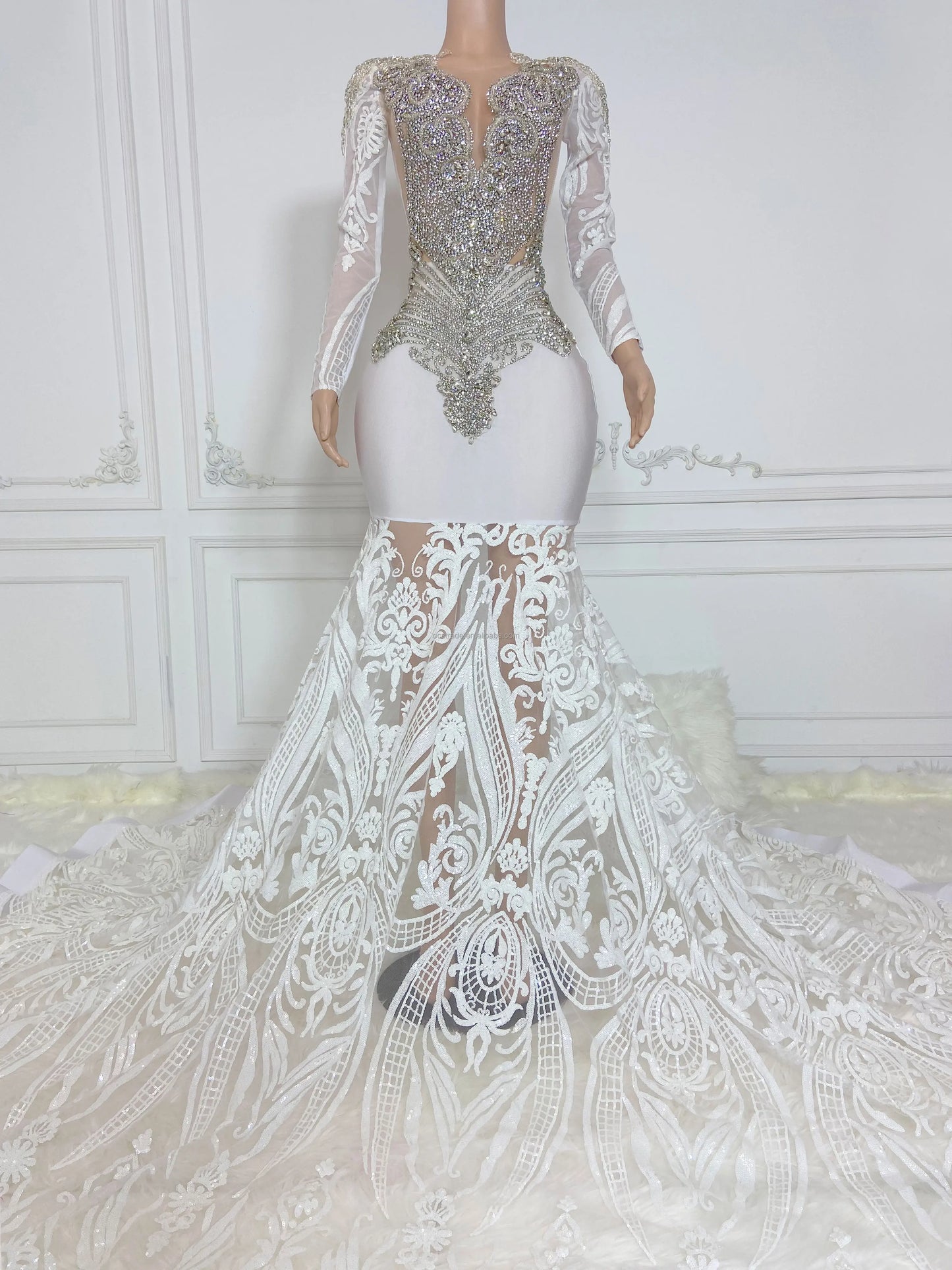 White Sequin Silver Rhinestone Prom Dress Ball Gown Luxurious Weddings