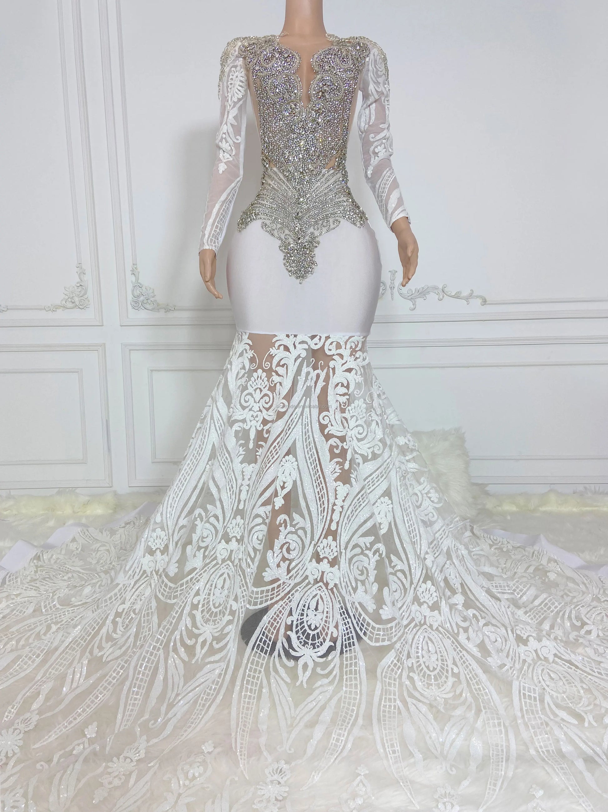 White Sequin Silver Rhinestone Prom Dress Ball Gown Luxurious Weddings