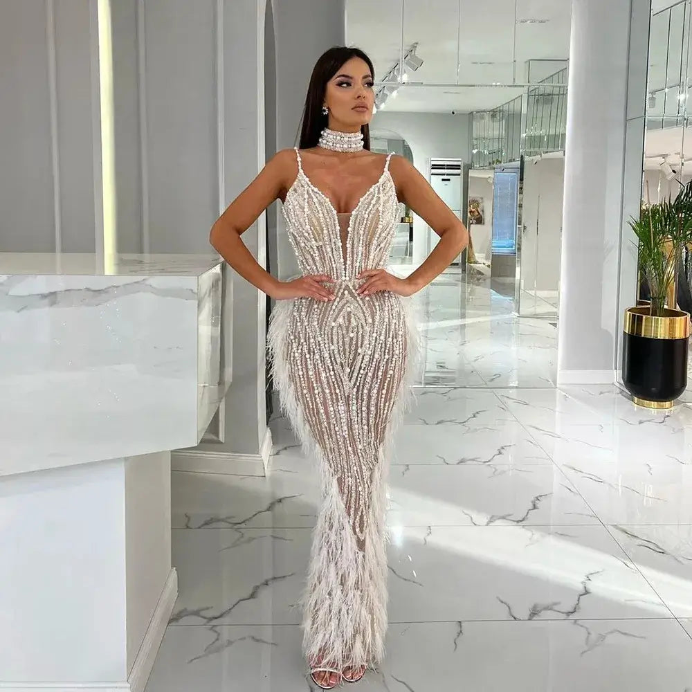 Luxury Feather White Nude Mermaid Evening Dress Wedding dress Luxurious Weddings