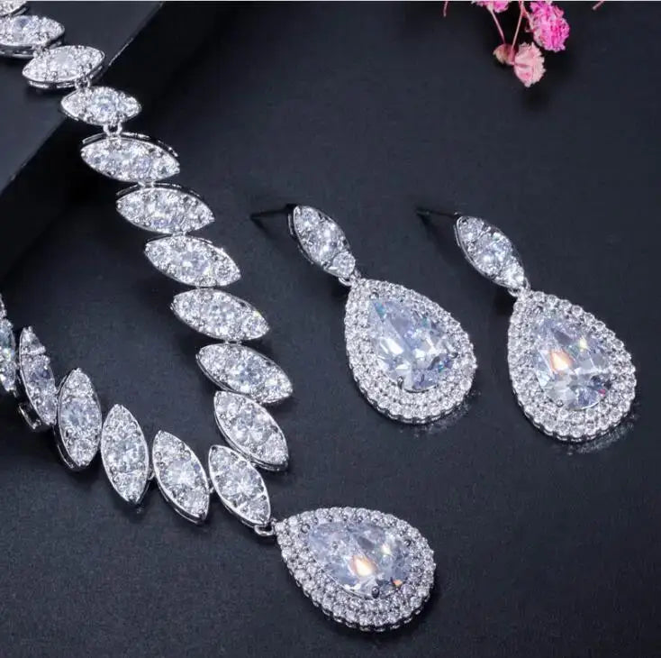 Clear Crystal and Cubic Zircon Necklace and Earrings Jewelry Set Luxurious Weddings