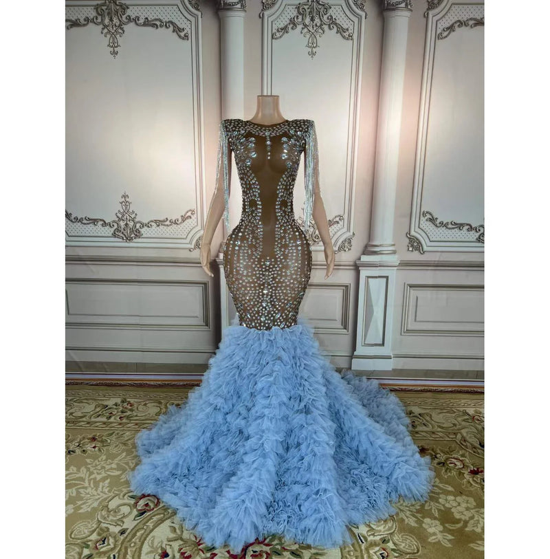 V Neck Mesh See Through Dress Heavy Beaded Diamond Evening Dress Luxurious Weddings