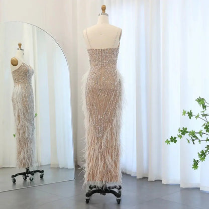 Luxury Feather White Nude Mermaid Evening Dress Wedding dress Luxurious Weddings