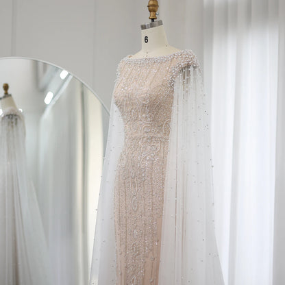 Luxury White Nude Mermaid Wedding Dress With Cape Sleeves Wedding Dress Luxurious Weddings