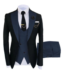 Black suit with white shirt, black tie, and blue vest on a white background