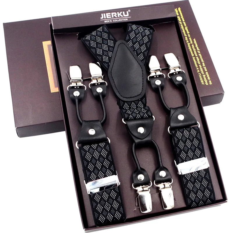 WHITE - 6-Clip Black Leather Suspenders for Men Suspenders Luxurious Weddings