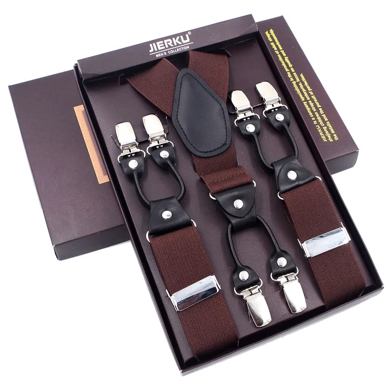 Chocolate - 6-Clip Black Leather Suspenders for Men Suspenders Luxurious Weddings