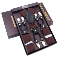 Chocolate - 6-Clip Black Leather Suspenders for Men Suspenders Luxurious Weddings
