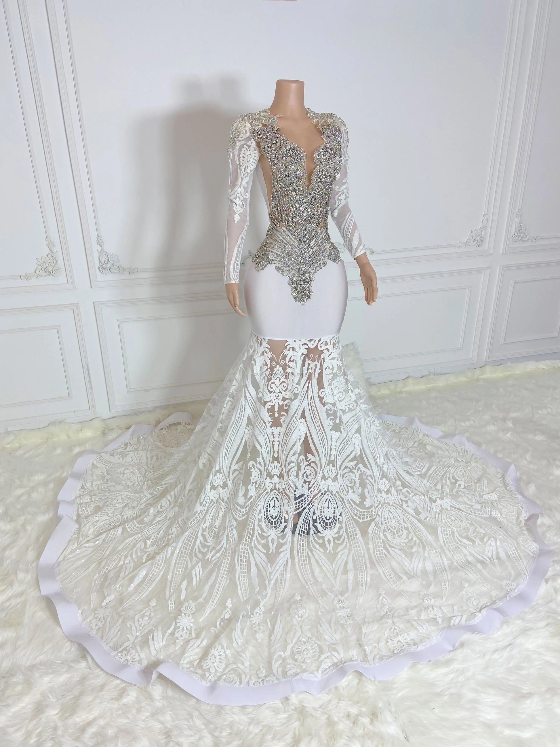 White Sequin Silver Rhinestone Prom Dress Ball Gown Luxurious Weddings