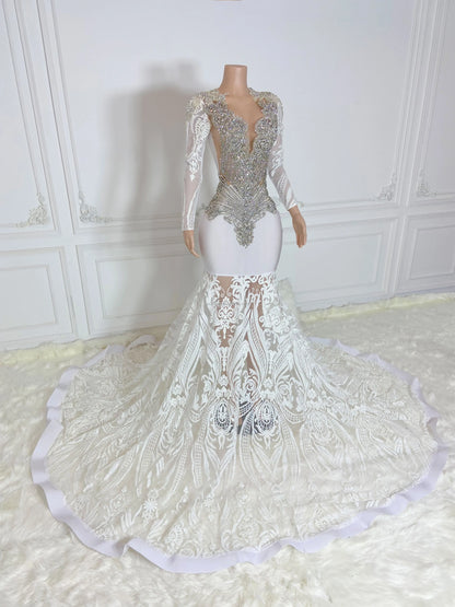 White Sequin Silver Rhinestone Prom Dress Ball Gown Luxurious Weddings
