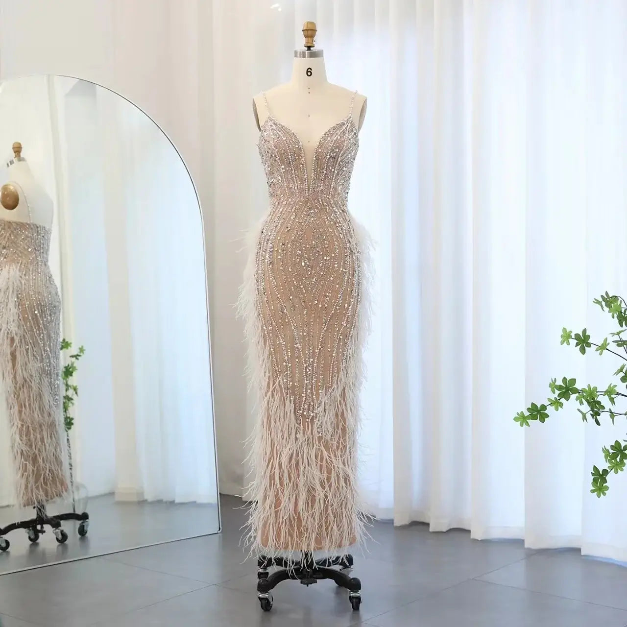 Luxury Feather White Nude Mermaid Evening Dress Wedding dress Luxurious Weddings