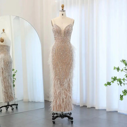Luxury Feather White Nude Mermaid Evening Dress Wedding dress Luxurious Weddings