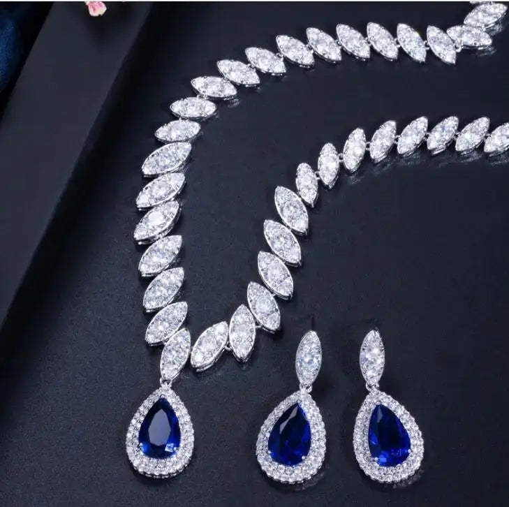 Clear Crystal and Cubic Zircon Necklace and Earrings Jewelry Set Luxurious Weddings