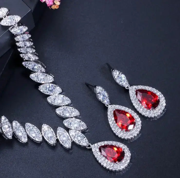 Clear Crystal and Cubic Zircon Necklace and Earrings Jewelry Set Luxurious Weddings